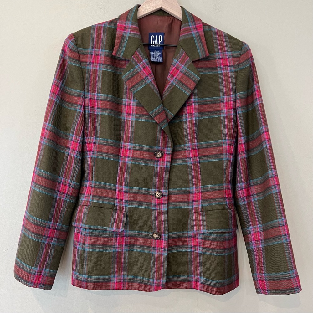 EUC GAP Wool Olive Plaid Blazer with Pink and Teal Windowpane